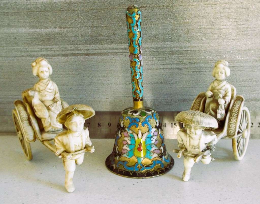 2 x 1930s Vintage Celluloid Japanese Figurine Geisha In Cart Pulled By Man Rickshaw and enamel bell