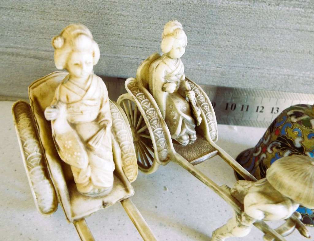2 x 1930s Vintage Celluloid Japanese Figurine Geisha In Cart Pulled By Man Rickshaw and enamel bell