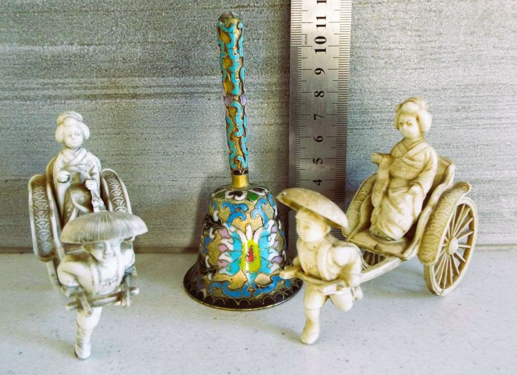 2 x 1930s Vintage Celluloid Japanese Figurine Geisha In Cart Pulled By Man Rickshaw and enamel bell