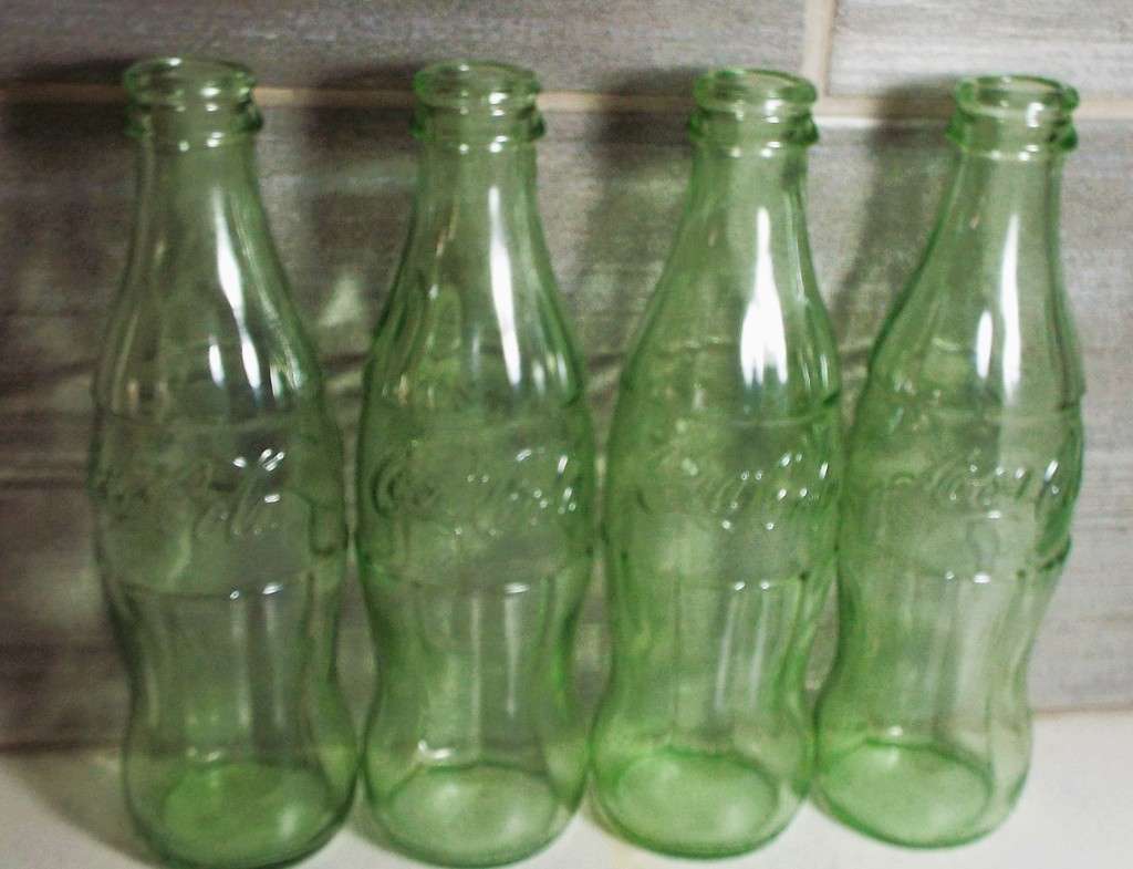 RARE VINTAGE 4 X  GREEN TINT GLASS EMBOSSED COCA-COLA BOTTLES