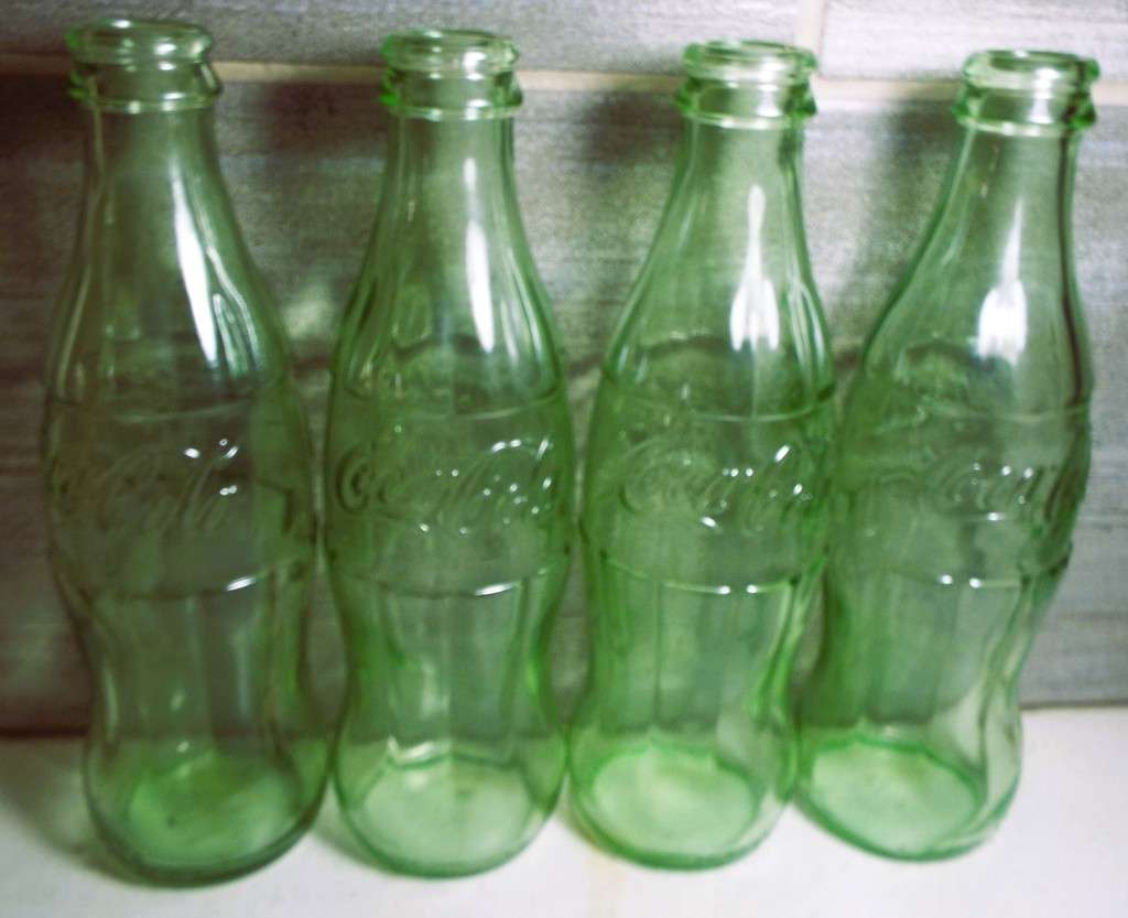 RARE VINTAGE 4 X  GREEN TINT GLASS EMBOSSED COCA-COLA BOTTLES
