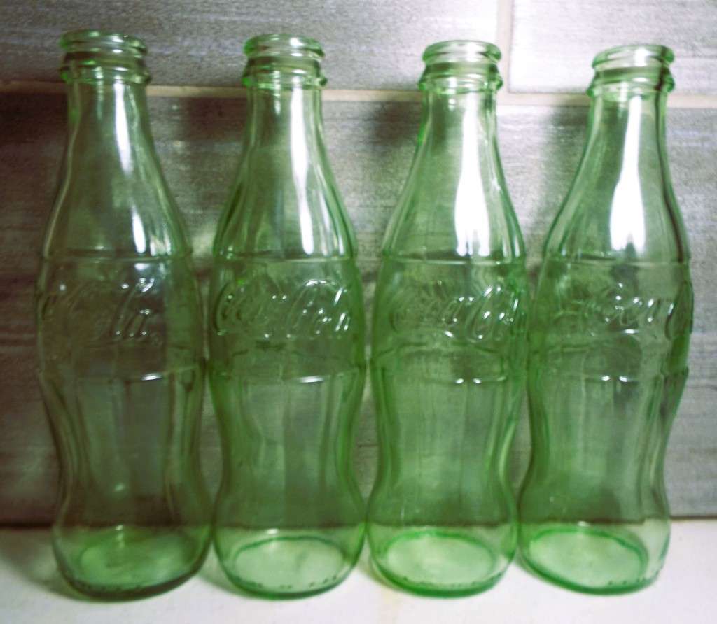 RARE VINTAGE 4 X  GREEN TINT GLASS EMBOSSED COCA-COLA BOTTLES