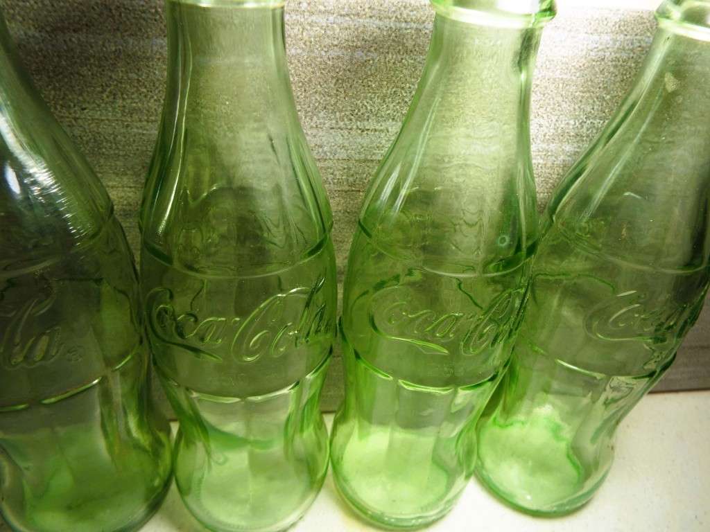 RARE VINTAGE 4 X  GREEN TINT GLASS EMBOSSED COCA-COLA BOTTLES