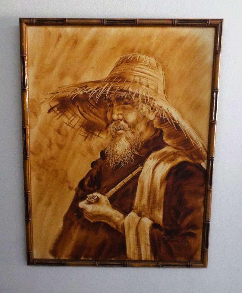 STUNNING!!!  framed oil Asian Man With A Pipe signed by artist