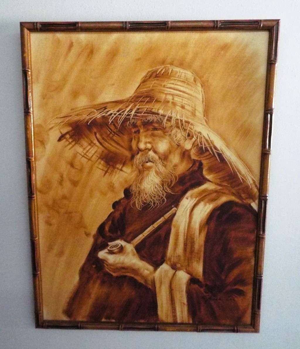 STUNNING!!!  framed oil Asian Man With A Pipe signed by artist