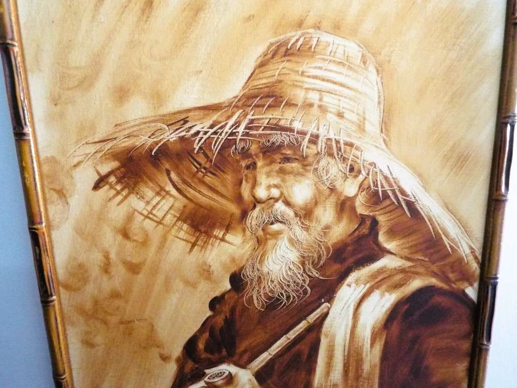 STUNNING!!!  framed oil Asian Man With A Pipe signed by artist