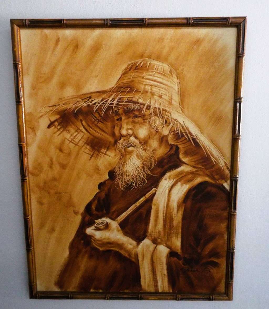 STUNNING!!!  framed oil Asian Man With A Pipe signed by artist