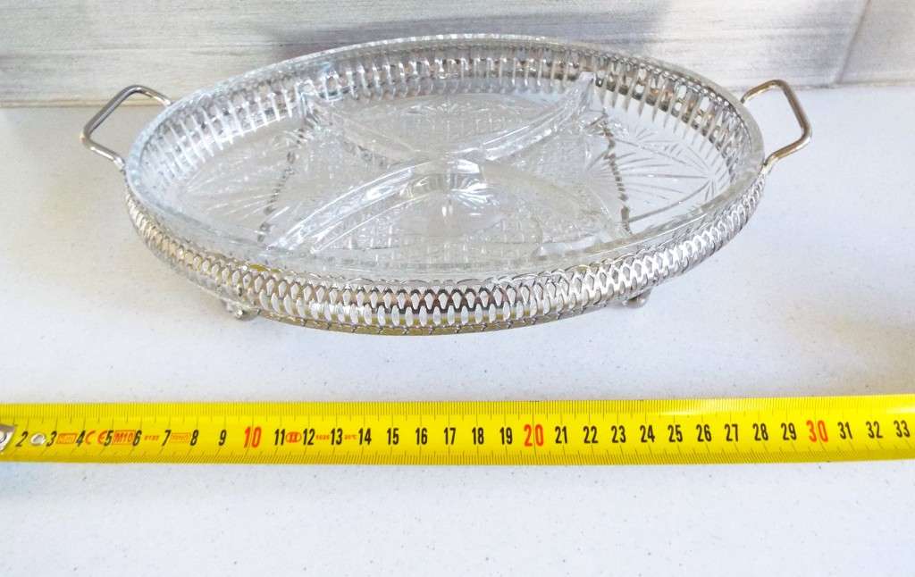 Vintage Silver Plate Oval Footed Tray with Pressed glass relish tray inset
