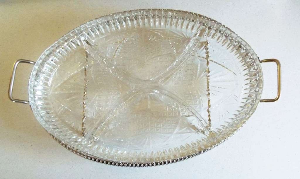Vintage Silver Plate Oval Footed Tray with Pressed glass relish tray inset