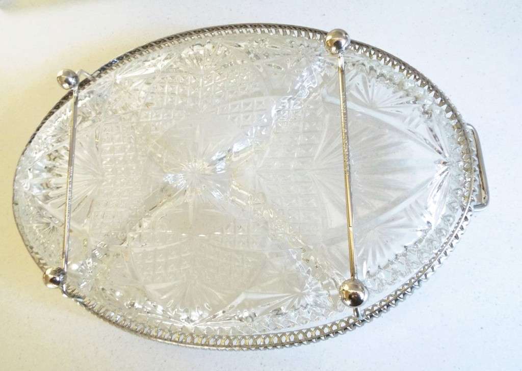 Vintage Silver Plate Oval Footed Tray with Pressed glass relish tray inset