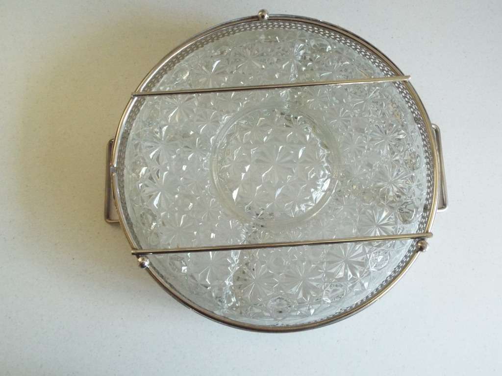 Vintage 1950 Kromex Chrome and Pressed Glass Relish Tray Serving Set