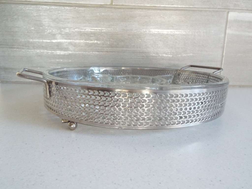 Vintage Silver Plate Oval Footed Tray with Pressed glass relish tray inset