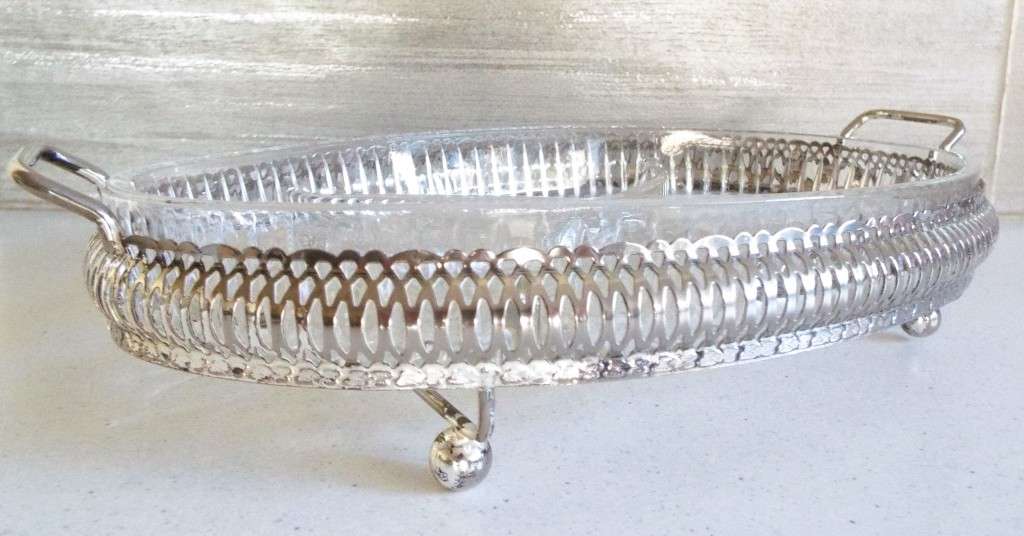 Vintage Silver Plate Oval Footed Tray with Pressed glass relish tray inset