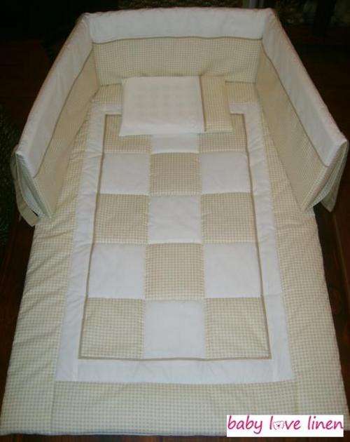 7 Pc Plain Stone & White Gingham Baby Linen  ** BASIC STARTER SET **