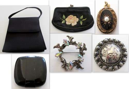 AN ANTIQUE EMBROIDERED PURSE,A VINTAGE HANDBAG,MIRROR AND COSTUME JEWELLERY--READ