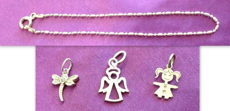 A SOLID SILVER BRACELET CHAIN AND 3 SOLID SILVER CHARMS---NEW