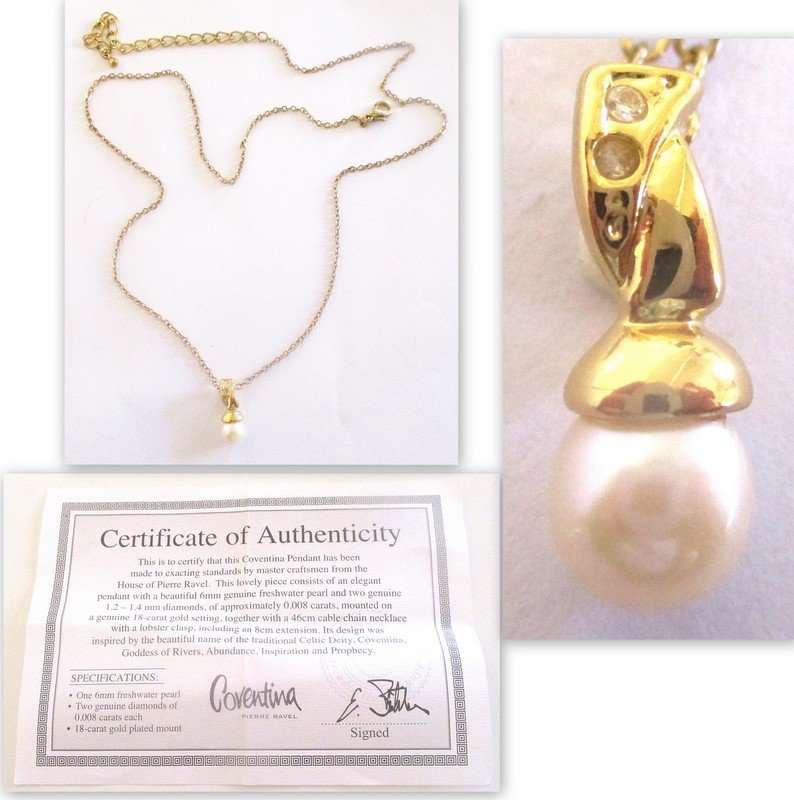 A GENUINE DIAMOND AND FRESHWATER PEARL PENDANT 18ct GOLD PLATE SETTING AND CHAIN-CERTIFIED