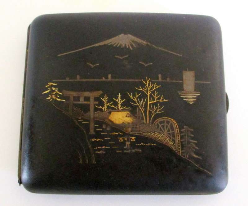 Vintage 1920s Japanese Damascene Mixed Metal Cigarette Case Signed ---24ct Genuine Gold Inlay