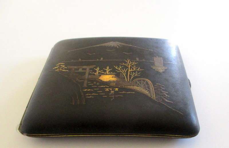 Vintage 1920s Japanese Damascene Mixed Metal Cigarette Case Signed ---24ct Genuine Gold Inlay