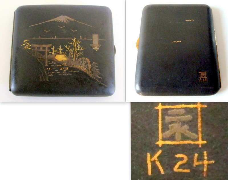 Vintage 1920s Japanese Damascene Mixed Metal Cigarette Case Signed ---24ct Genuine Gold Inlay
