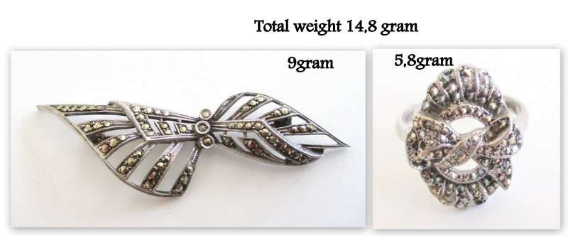 A STERLING SILVER MARCASITE BROOCH AND SILVER MARCASITE RING-COMBINED WEIGHT-14,8gram