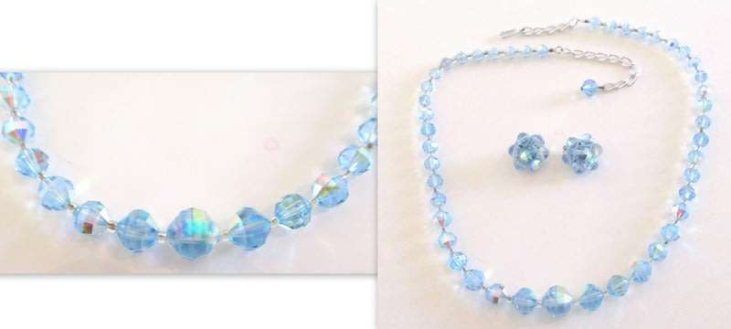 A VINTAGE STRING OF BLUE CRYSTALS AND EARRINGS