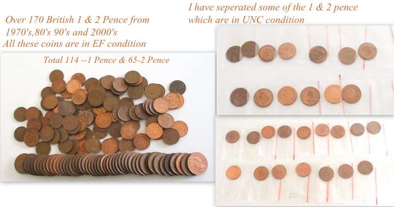 A LOT OF 170+ BRITISH 1 & 2 PENCE-GOOD DETAIL AND MOSTLY EF AND UNC-WORTH 24 POUNDS IN LEGAL TENDER