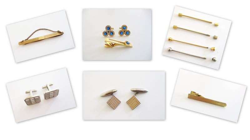A 9ct GOLD ON STERLING SILVER TIE PIN AND OTHER CUFFLINKS AND PINS