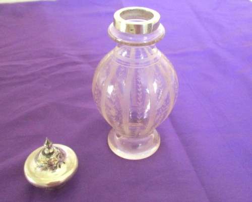 A DUTCH ETCHED GLASS BOTTLE WITH A HALLMARKED SILVER TOP--PRE 1906