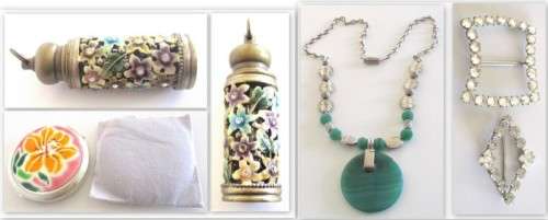 AN ENAMEL AND BRASS PERFUME BOTTLE PENDANT,AN UNUSED POWDER COMPACT ETC