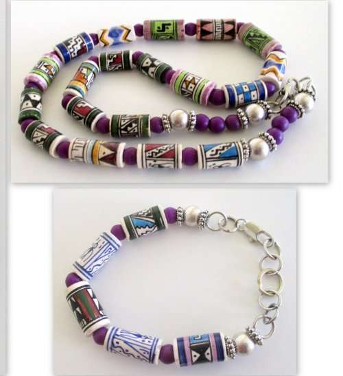 A CERAMIC AND SEMI-PRECIOUS STONE AFRICAN NECKLACE AND BRACELET WITH STAINLESS STEEL CLASP