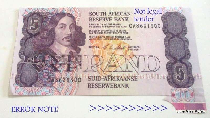 ERROR BANKNOTE . SOUTH AFRICAN R5 STALS BANKNOTE WITH ERROR ON CORNER--UNCIRCULATED / MINT
