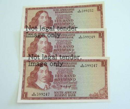3 SOUTH AFRICAN BANK NOTES--DE JONGH--EF-UNC--A 603 399247/49/52