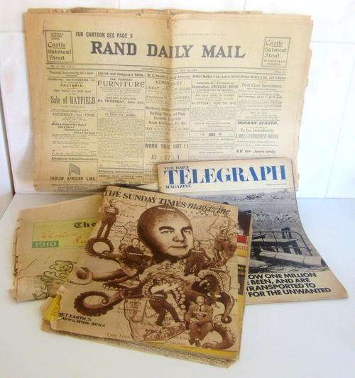 A 1910 SOUTH AFRICAN NEWSPAPER,1960 NEWSPAPER AND 2 MAGAZINES FROM 1971 WITH AFRICANA ARTICLES.