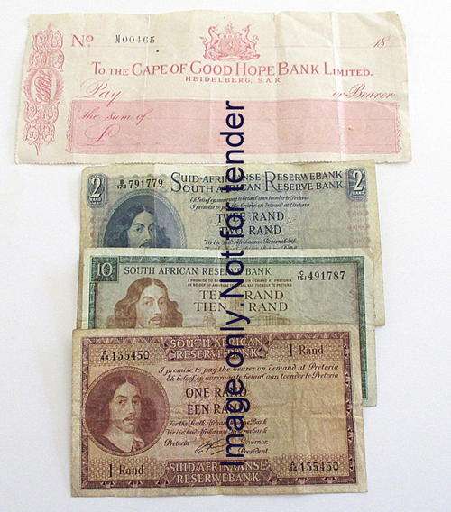 3 OLD SOUTH AFRICAN BANK NOTES AND A LATE 1800's BLANK CHEQUE