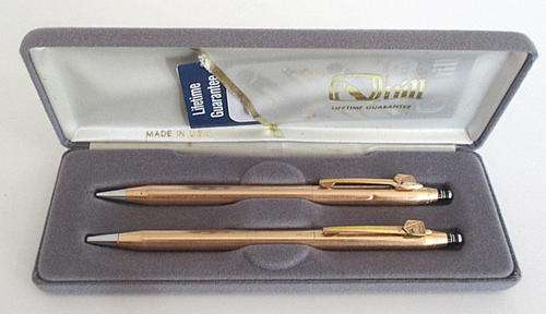 A  1 / 20th 14K GOLD FILLED QUILL PEN AND PENCIL SET --BOXED AND IN WORKING ORDER.