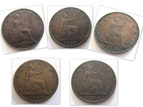 5 BRITISH FARTHINGS 1866 TO 1903
