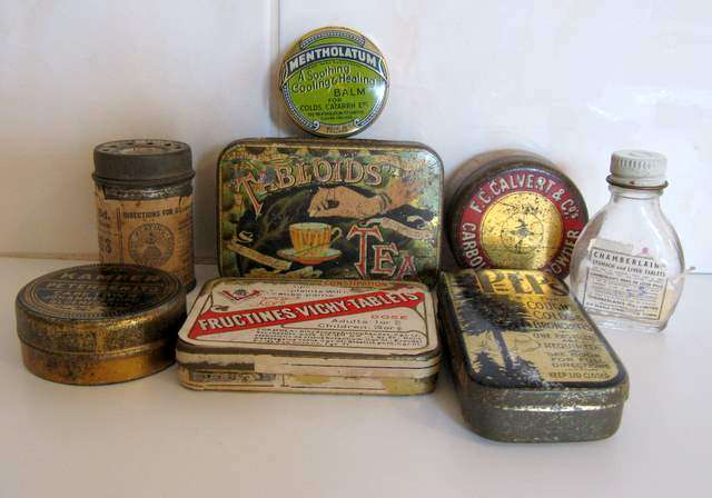 A LOT OF VINTAGE TINS--mostly medicine related--including unusual tooth powder tin