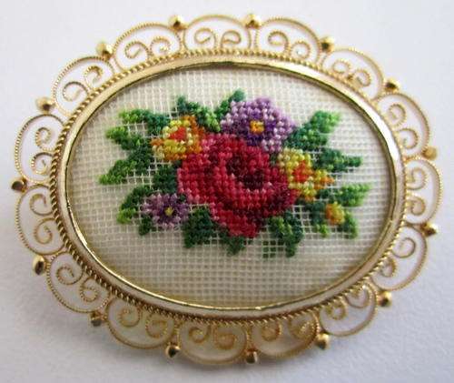 A VINTAGE PETIT POINT COSTUME JEWELLERY BROOCH.----BUY NOW