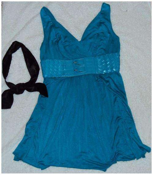 blue top and silky headband