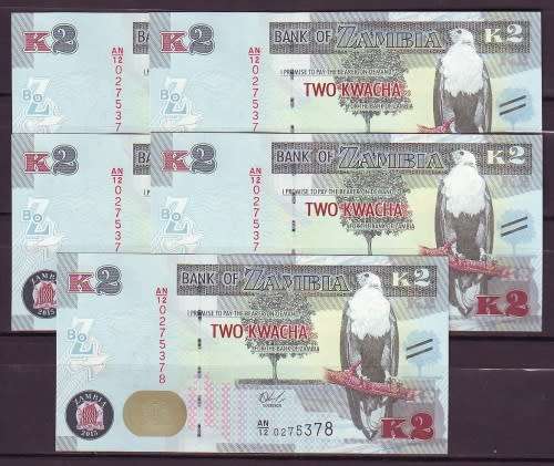 Zambia New Series - 2 Kwacha Notes UNC and In Sequence