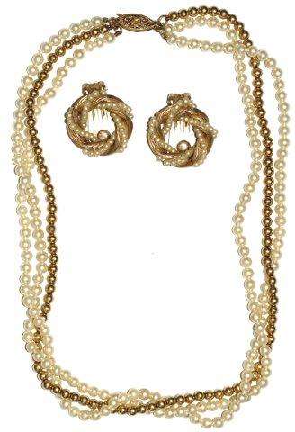 ELEGANT FAUX PEARL & CLIP EARRINGS SET - VINTAGE - 3 STRAND
