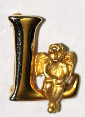 STUNNING GOLDTONE "L" BROOCH WITH ANGEL