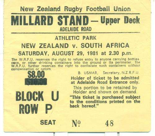 Match ticket NZ vs Springboks 29-8-1981 2nd test