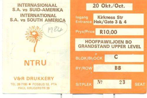 Match ticket SA vs South America 20-10-1984 Loftus