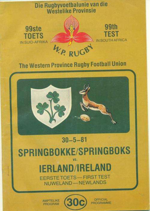 Programme Springboks vs Ireland 30-5-1981 1st test