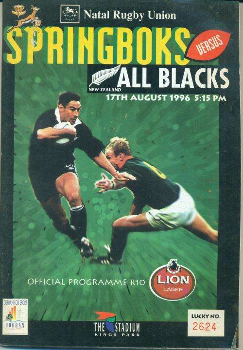 Rugby programme Springboks vs All Blacks 17-8-1996 Durban