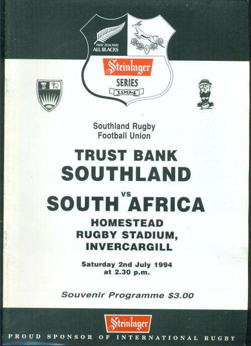 Rugby programme Southland vs Springboks 2-7-1994