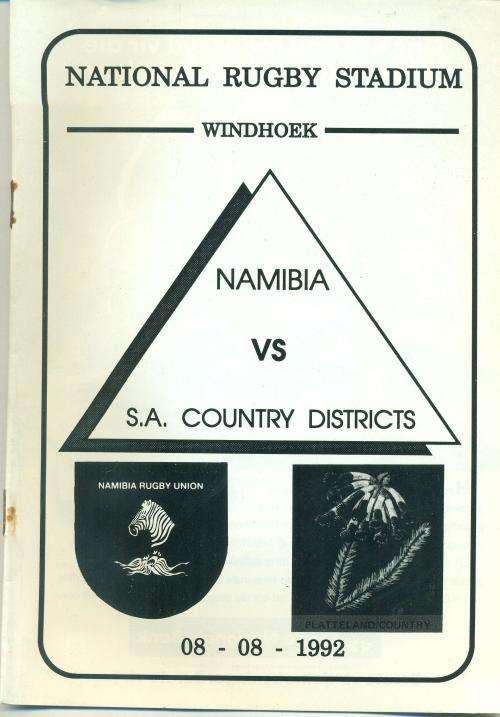 Rugby programme Namibia vs SA Country Districts 9-8-1992