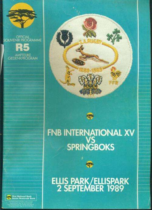 Rugby programme Springboks vs FNB Int XV 2-9-1989
